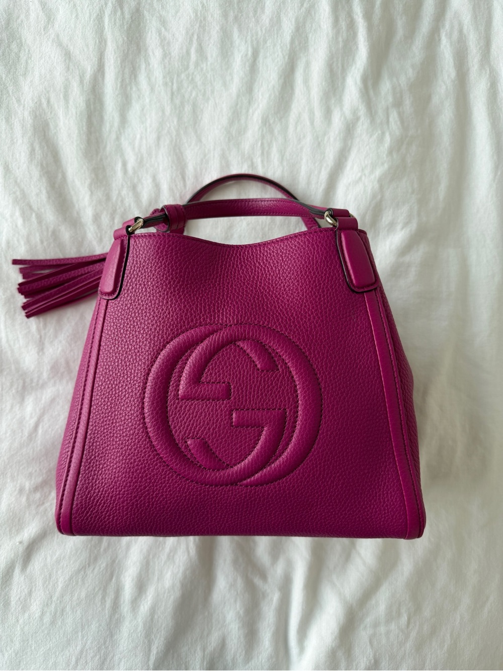 Gucci Pebbled Leather Top Handle Satchel in Fuchsia Pink